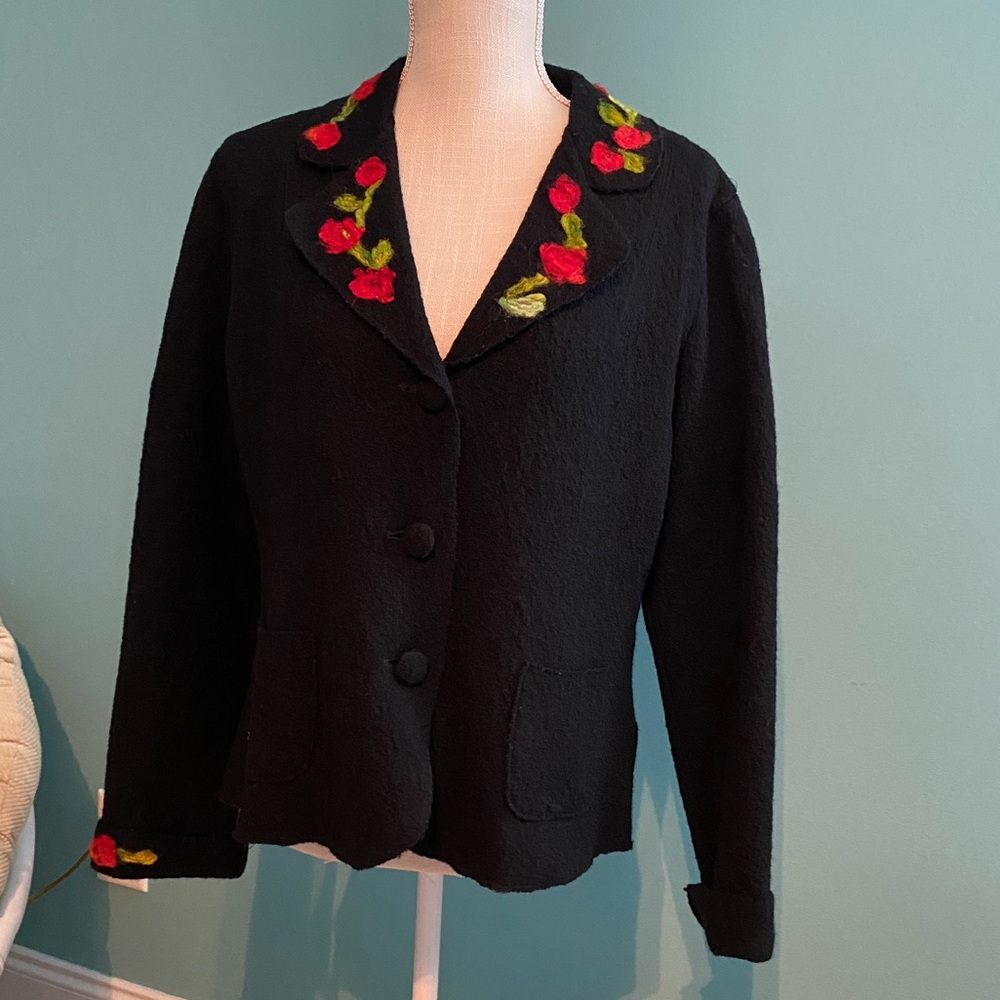 Black Floral-Trim Women's Wool Jacket